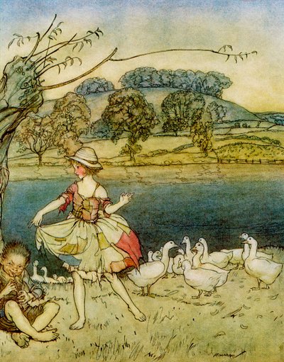 Tattercoats dansen terwijl de ganzenhoeder fluit, uit Engelse Sprookjes naverteld door F.A. Steel, 1927 door Arthur Rackham